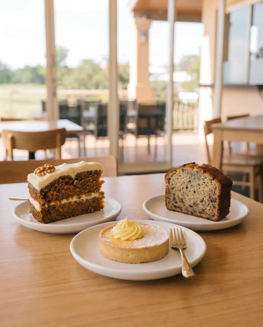 Three plates of cake on a timber table: a slice of carrot cake with cream cheese frosting, a citrus tart and a slice of banana cake
