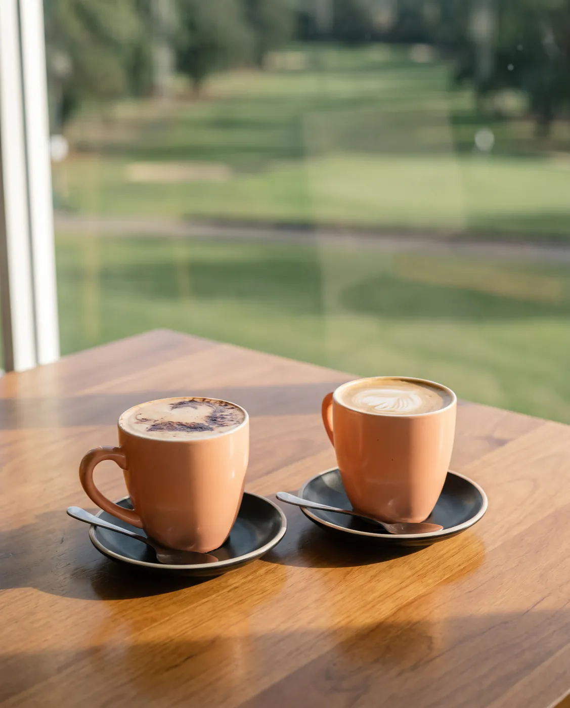 A cappuccino and a flat white on a timber table, with the golf course through the window