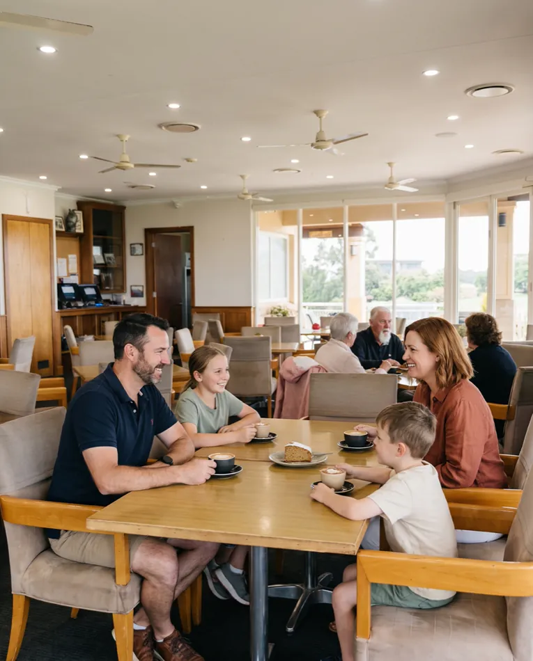 A family over coffee and cake at a table in the Clubhouse Café, with the windows onto the golf course behind them