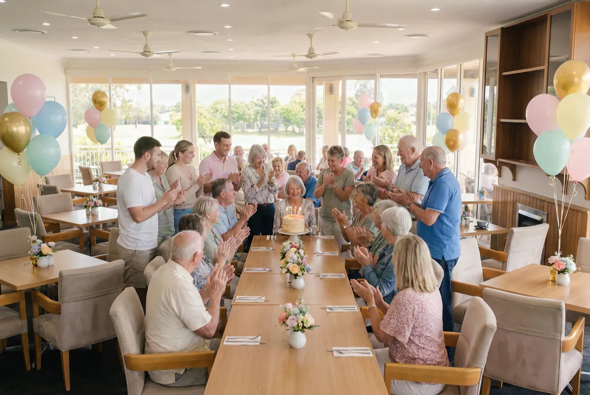 A birthday party filling the clubhouse dining room, guests gathered around a long table with a lit cake, balloons through the room and the golf course through the glass