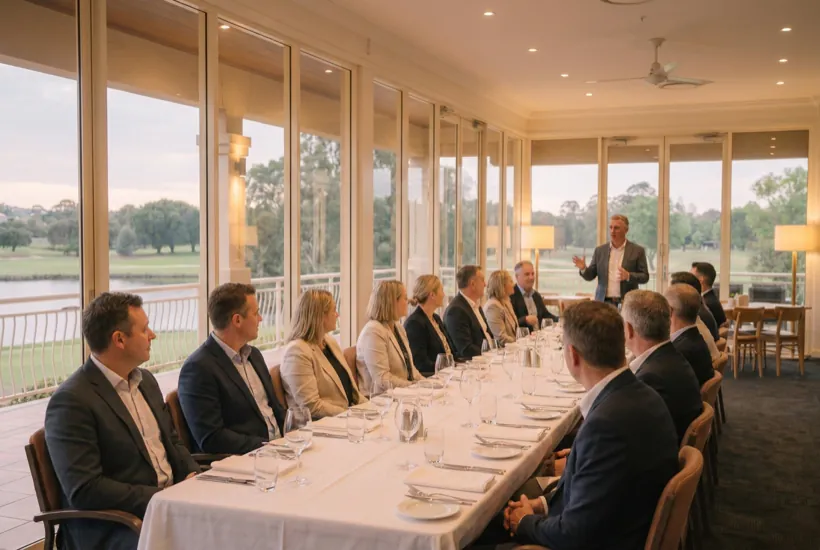 A corporate dinner at a long white-linen table in the clubhouse at dusk, one guest standing to speak