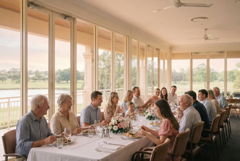 Three generations of a family at a long table set with white linen in the clubhouse, with the course and the water through the glass
