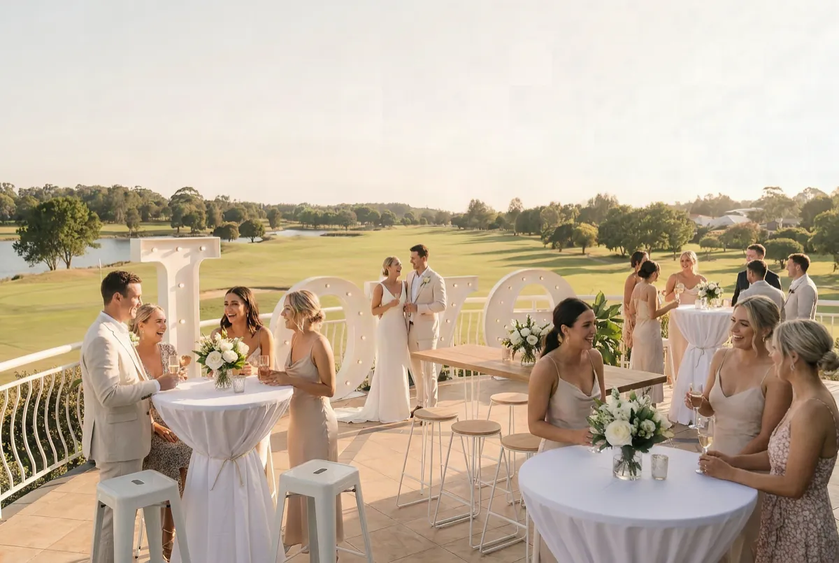Wedding guests around dressed cocktail tables on the clubhouse deck at golden hour, beside illuminated LOVE letters