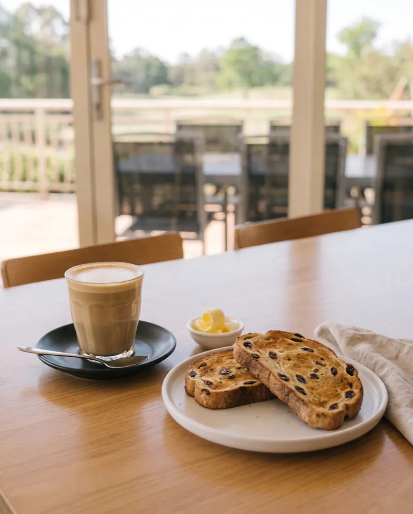 A latte in a ribbed glass on a black saucer beside two thick slices of raisin toast and a small bowl of butter, on a table by the glass doors