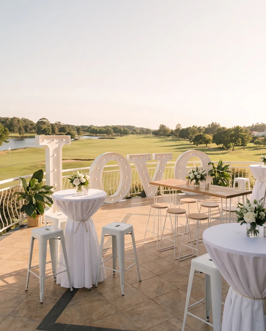 A wedding reception set up on the clubhouse deck at golden hour, with dressed cocktail tables, a timber bar and illuminated LOVE letters above the fairway