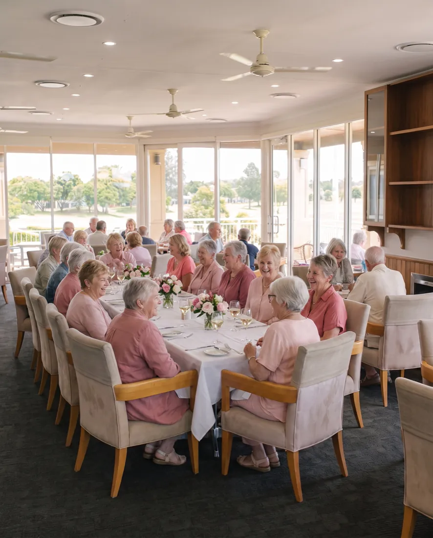 A long table of women having lunch together in the clubhouse dining room, all wearing different shades of pink, with the fairway through the windows behind them