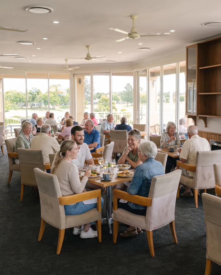 The café dining room full of locals on a weekday morning, talking over coffee and lunch beside the windows onto the fairway