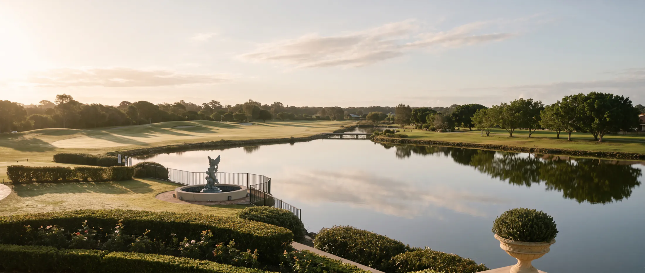 The lake and fountain at Harrington Waters, with the fairway beyond at first light