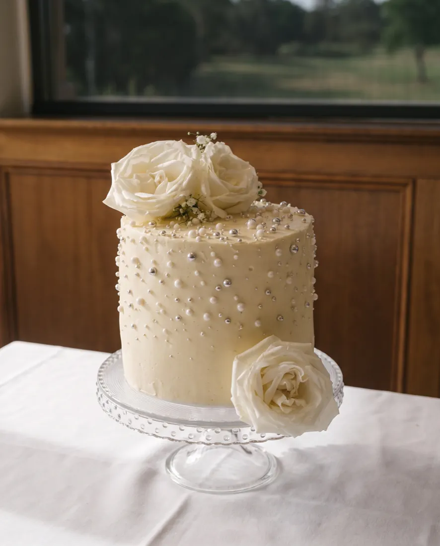 A single-tier ivory wedding cake scattered with sugar pearls and dressed with white roses, on a glass cake stand in the clubhouse